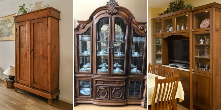 Three images side-by-side of antique wooden furniture including an armoire, a china cabinet, and an entertainment center