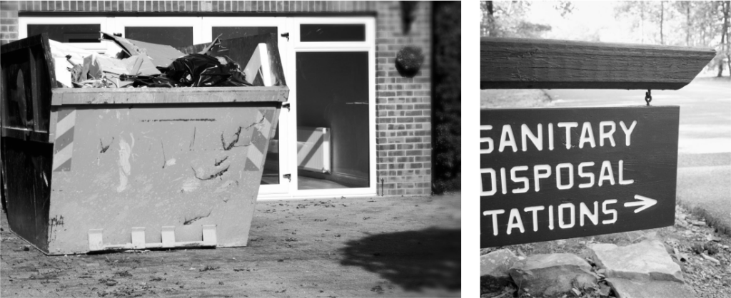 Black-and-white split image of a large outdoor dumpster filled with debris on the left, and a sign reading "Sanitary Disposal Stations" on the right