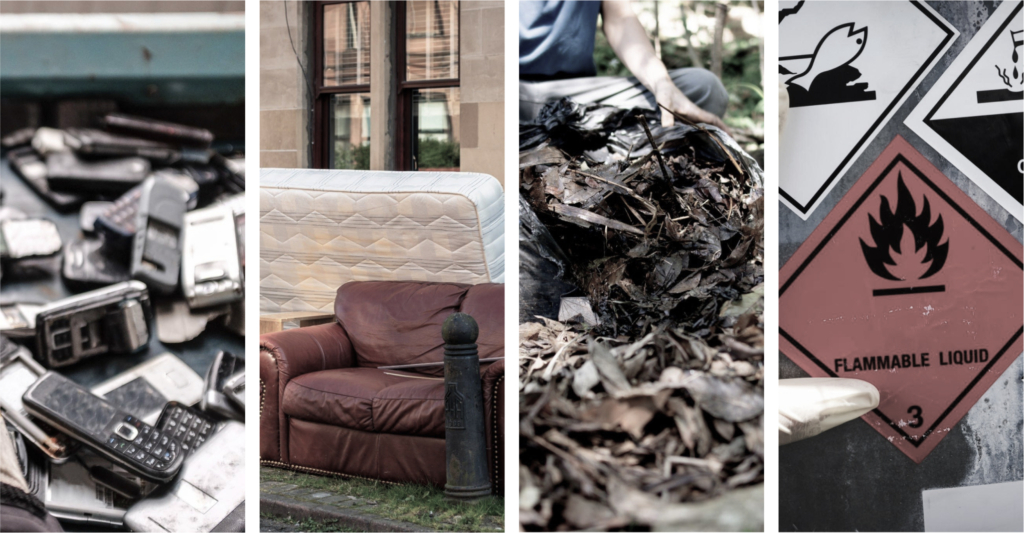 Four vertical images showing junk types including old cell phones, discarded furniture, yard waste, and flammable hazardous materials