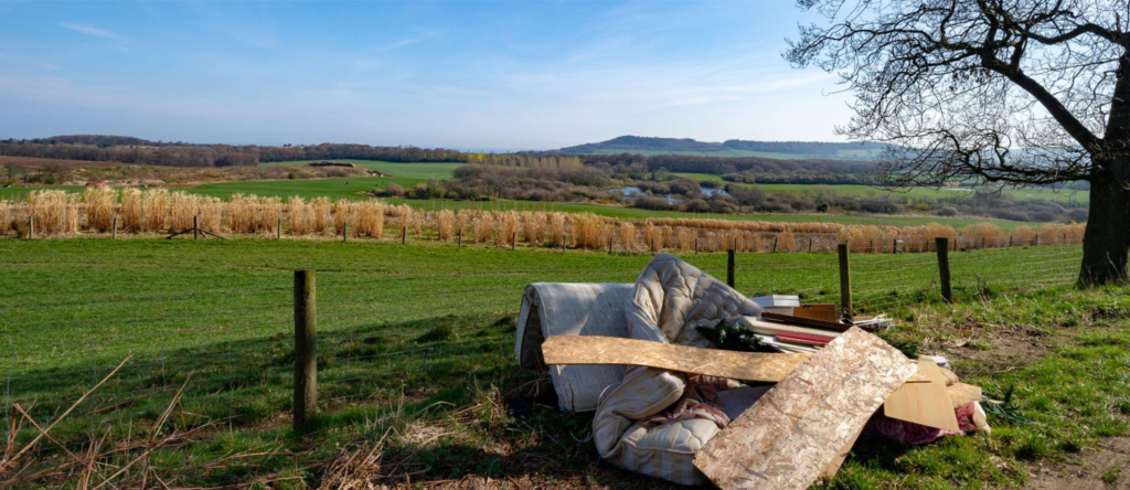 Pile of dumped furniture and debris in a grassy field with rolling hills in the background