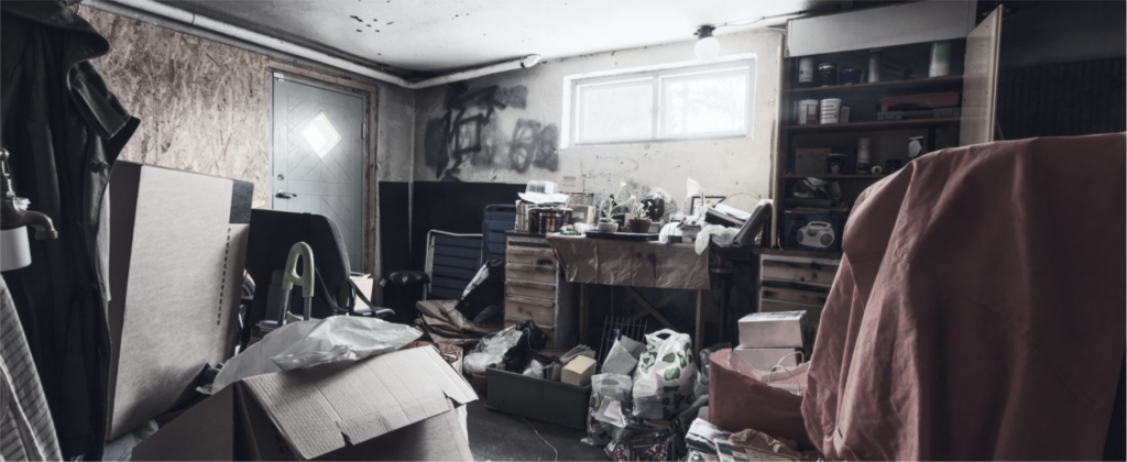 Messy garage interior in black and white, with cardboard boxes, bags, and clutter piled around workbenches and shelves