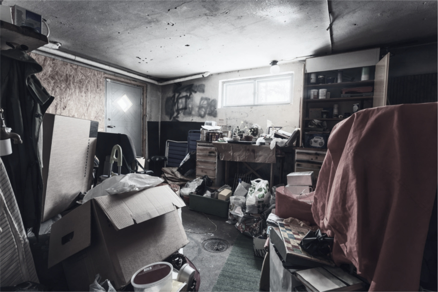 A room filled with a large amount of clutter, belongings, and items stacked haphazardly, creating a chaotic and disorganized environment