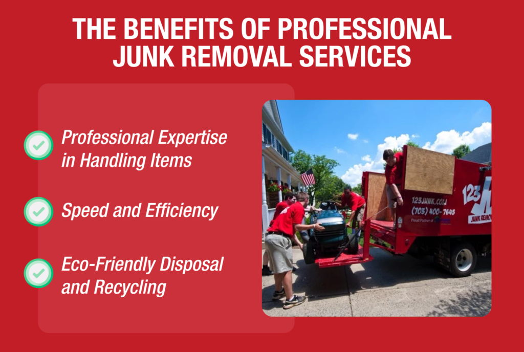 Graphic of benefits of professional junk removal next to workers loading a riding mower into a truck