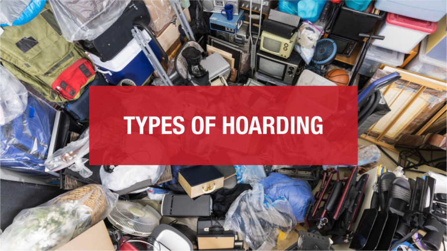 A room filled with a large amount of clutter, belongings, and items stacked haphazardly, creating a chaotic and disorganized environment with text "types of hoarding"