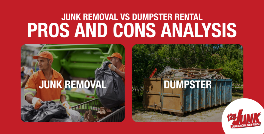 Split image with junk removal workers carrying garbage bags on the left and a large dumpster filled with debris on the right