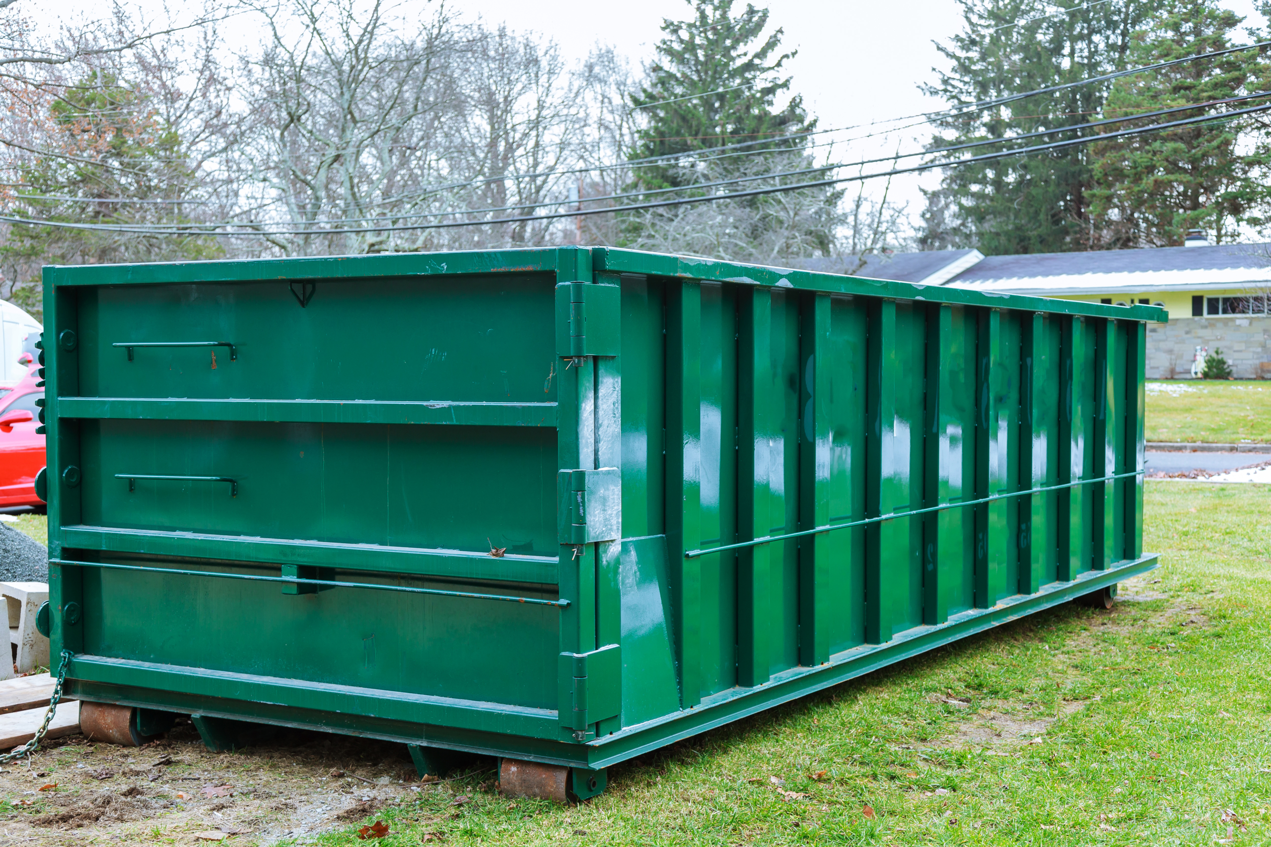 Large green metal dumpster placed on grass in a residential neighborhood