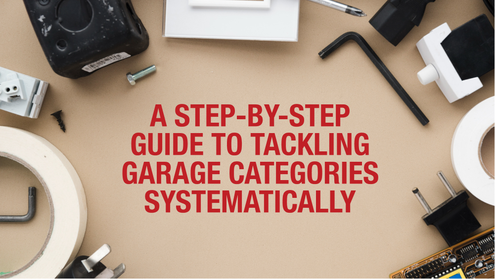 Title 'Systematic Garage Decluttering and Organization' displayed in the center of the image, with tools neatly arranged in the corner