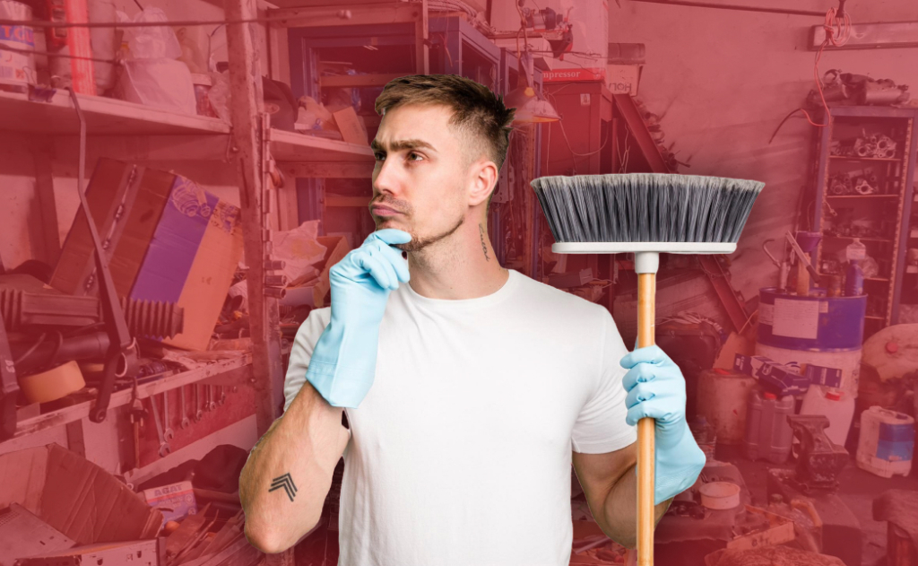 A man holding a broom and thinking, with a garage in the background, representing planning for cleaning and organizing the space