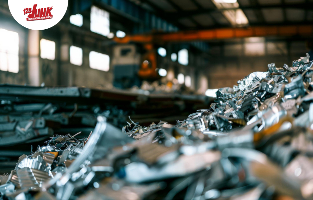 Pile of shiny scrap metal pieces inside a large industrial warehouse